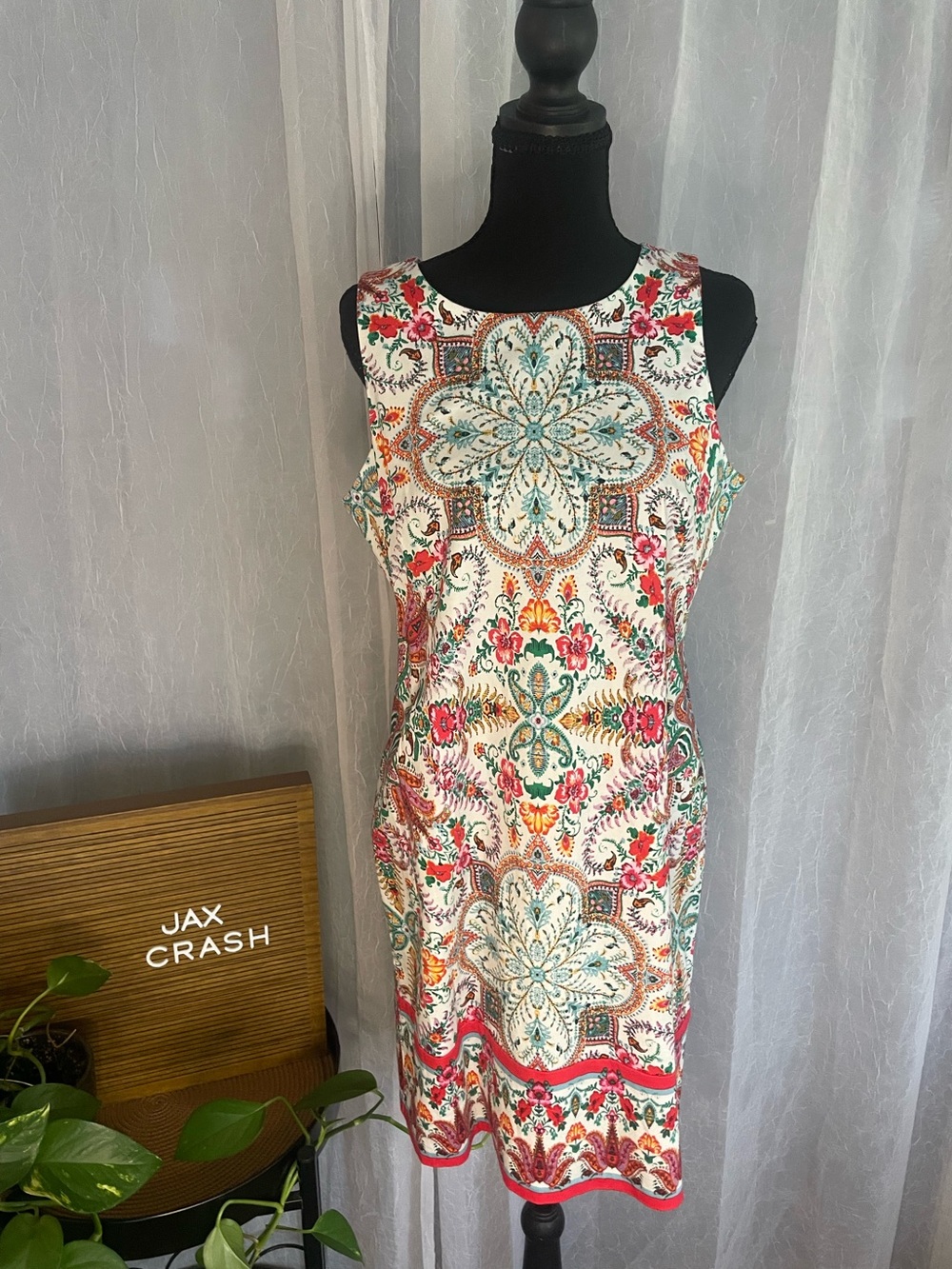 London Times Sleeveless Midi Dress in White, Red, Teal, Pink